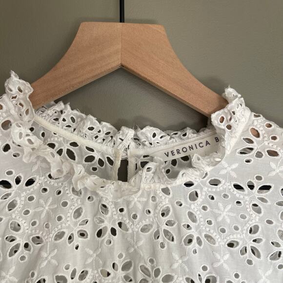 Veronica Beard Emmalyn Eyelet Blouse White Sz 8 Lace Ruffles Flare Sleeves Chic - Picture 8 of 16